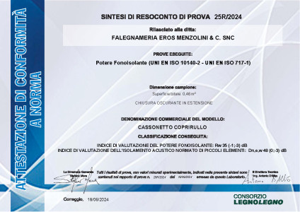 Certificazione potere fonoisolante - chiusura oscurante in estensione Certificazione potere fonoisolante - chiusura oscurante in estensione